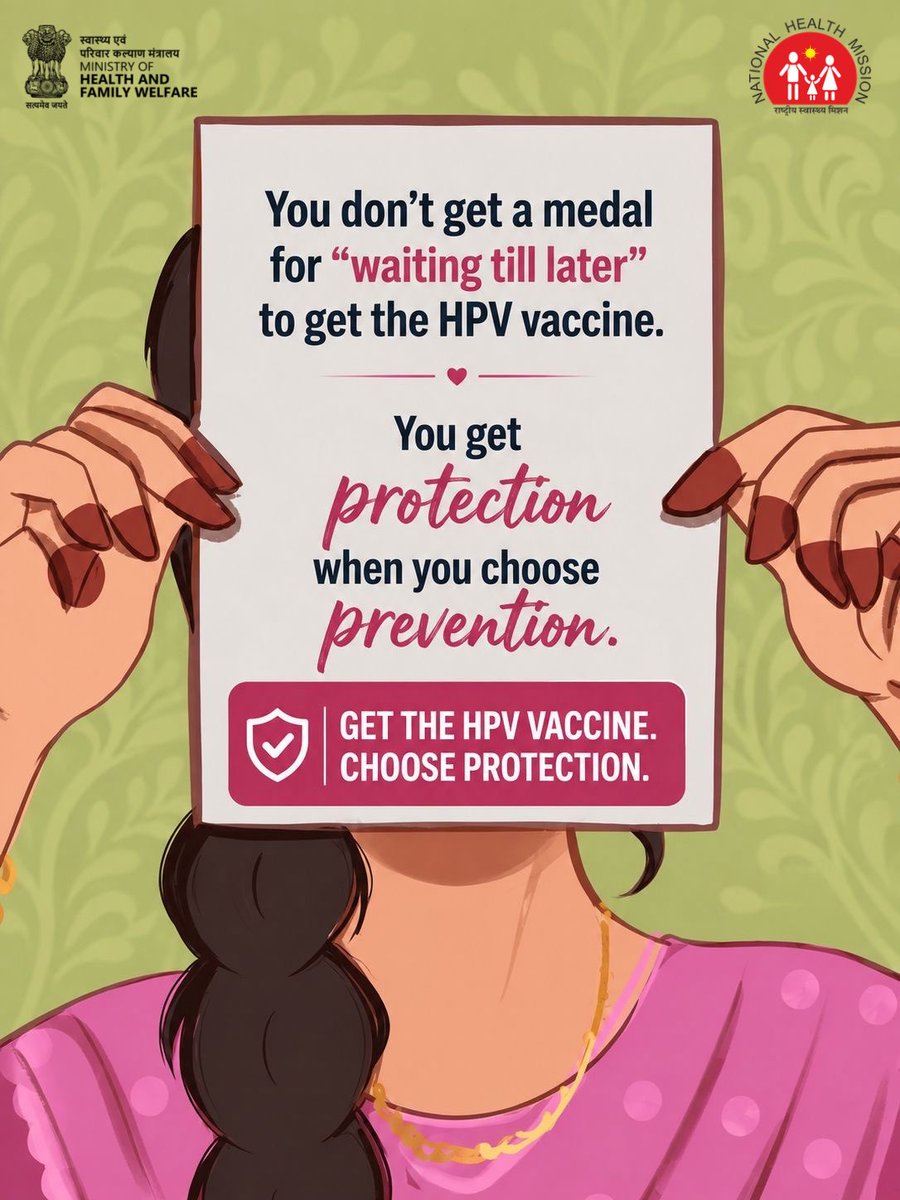 MoHFW_INDIA's tweet photo. Protection begins with prevention.

HPV vaccination is a safe and effective step towards preventing cervical cancer. Don’t postpone an important health decision. Consult a healthcare provider and get vaccinated at the recommended age.

Visit your nearest government health facility for more information.

#HPVVaccination #CervicalCancer
