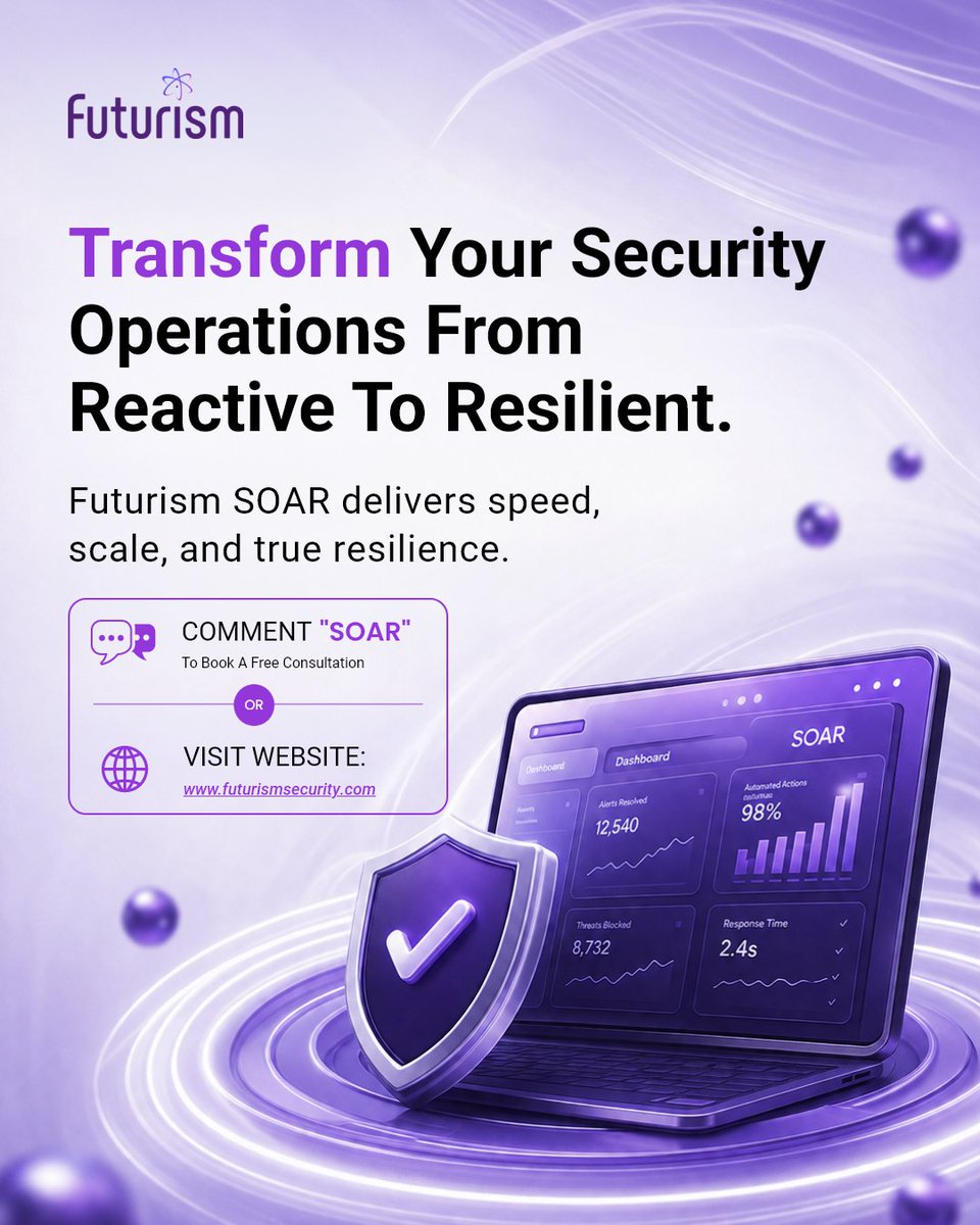 Futurismcyber's tweet photo. Security teams are overwhelmed by alerts. Slow responses costing millions. 
Futurism SOAR automates the chaos with intelligent #orchestration. Faster threat response. Smarter operations.

Swipe to see how it works →

Learn More: https://t.co/enMbdbZx31

#SOAR #Cybersecurity https://t.co/13cgd8oXyl