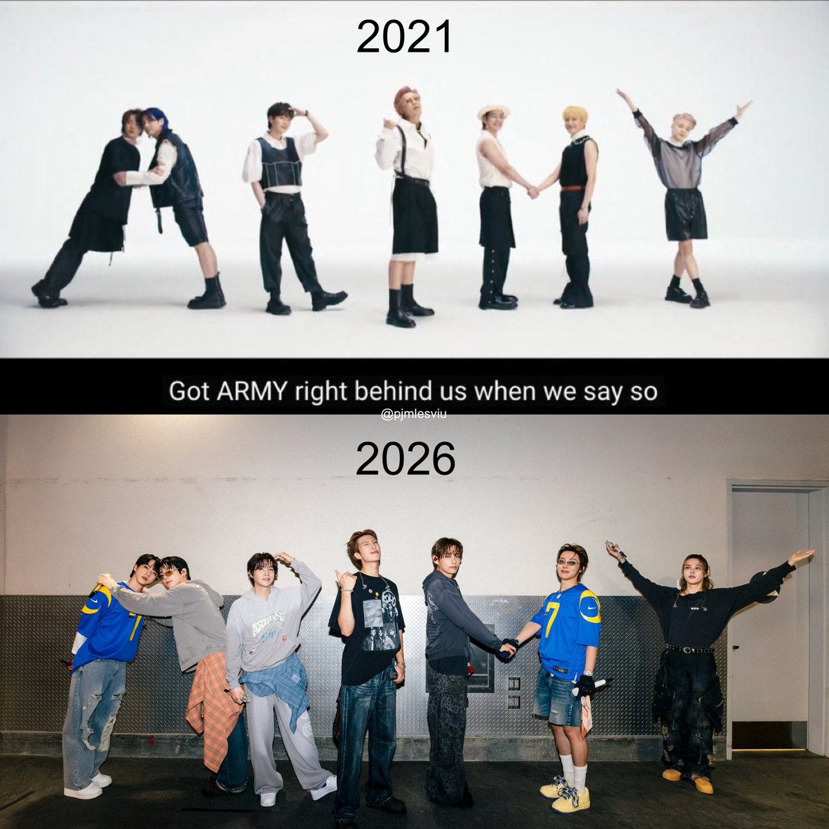 pjmIesviu's tweet photo. BTS RECREANDO LA FOTO DE ARMY 5 AÑOS DESPUES, tenemos esta foto icónica actualizada a 2026 😭💜 https://t.co/Pixi9yQCT9
