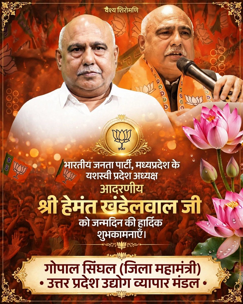 GopalSi12946817's tweet photo. वैश्य शिरोमणि,@BJP4MP के यशस्वी प्रदेश अध्यक्ष आदरणीय श्री @Hkhandelwal1964 जी को जन्मदिन की अनंत शुभकामनाएं🎂
बाबा श्याम की कृपा से आप स्वस्थ रहें,दीर्घायु हों और यूं ही वैश्य समाज व संगठन को नई ऊंचाइयों तक ले जाएं🙏
#VaishyaShiromani #HemantKhandelwal #HBDay @DrMohanYadav51 https://t.co/JGuw6sDOrJ