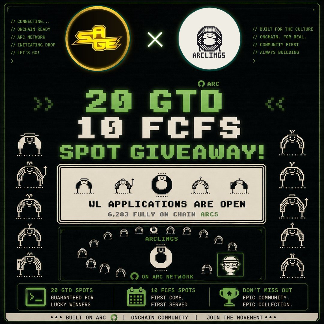 SAGEAIRDROPS's tweet photo. 📢SAGE AIRDROPS × ARCLINGS GIVEAWAY 🤝

On community demand we bring Collab with ArcLings...

So we’re giving away 20 GTD and 10 FCFS of @ArclingsNFT to our community.

Supply: 6,283
Network: Arc

How to enter:

• Follow @SAGEAIRDROPS & @ArclingsNFT 
• Like + repost this post
• Drop EVM

Winners will be announced after the giveaway ends.

Good luck everyone! 🫡🔥
