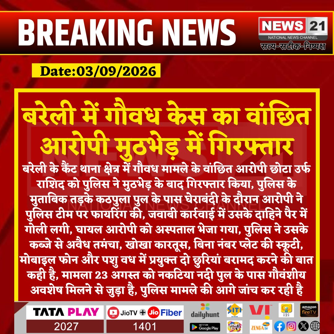news21national's tweet photo. बरेली में गौवध केस का वांछित आरोपी मुठभेड़ में गिरफ्तार
#Bareilly #BareillyNews #BareillyPolice #CanttPolice #ChhotaRashid #Rashid #PoliceEncounter #EncounterNews #CowSlaughterCase #Gauvadh #IllegalWeapon #Tamcha #PoliceAction #CrimeNews #UPNews #UttarPradesh #PoliceInvestigation #CrimeInUP #BreakingNews #LatestNews #HindiNews #News21 #News21National @bareillypolice @Uppolice @dgpup @adgzonebareilly @igrangebareilly