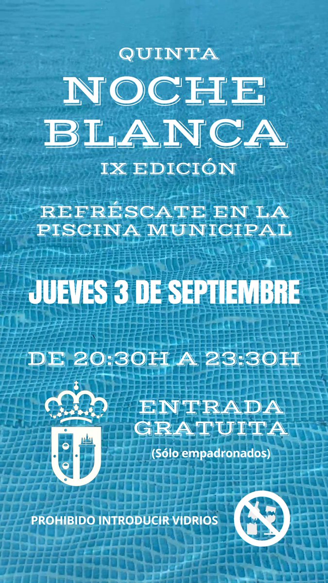 AytoGines's tweet photo. 💦 RECUERDA: Ante la previsión de altas temperaturas, este JUEVES DÍA 3 abrimos de nuevo la Piscina Municipal en horario nocturno con una nueva NOCHE BLANCA.
De 20.30 a 23.30 horas. ENTRADA GRATUITA (sólo empadronados).
#SienteGines #GinEsDeporte https://t.co/GEokbsb58J