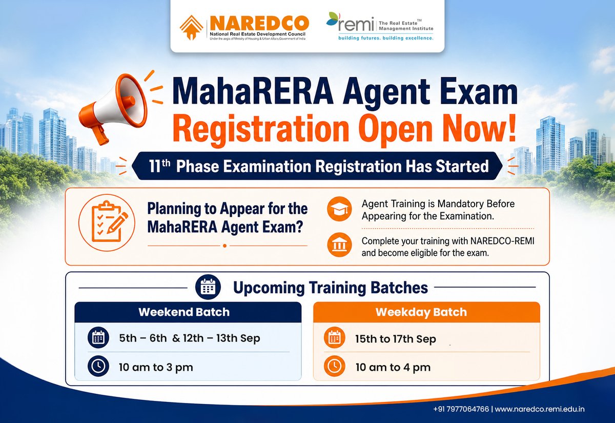 REMInstitute's tweet photo. 🚨 MahaRERA Agent Exam Registration is NOW OPEN!
Complete your mandatory training with NAREDCO-REMI and stay on track for your MahaRERA certification.
📞 +91 7977004820/ +91 9082096009
🌐 https://t.co/1FfQHzPbDk
#MahaRERA #MahaRERAAgent #AgentTraining #RealEstateCareer https://t.co/XZqxjmYygh
