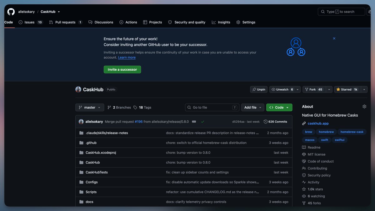 alielsokary's tweet photo. Sooo I passed the 1k stars on GitHub late yesterday, and this is how GitHub decided to greet me 😅

Honestly, this is how I read it: "Hey, it looks like this is kickin'; please don't die! Or if you are planning on it very soon, then find a successor."  😂😂 @github https://t.co/OJlpx1xeON