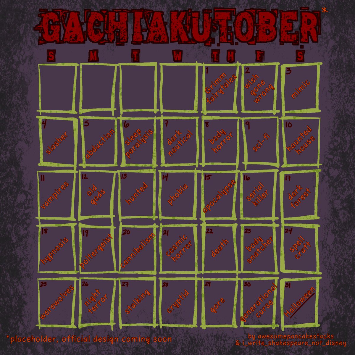 Phoenix_IWSND's tweet photo. This is NOT the official design of the calendar, but I wanted to share the list for those of you who like planning ahead.
I didn't want to overstep with Jankatober, so this idea came up
Let me know if there are any questions!
#gachiakuta #promptlist #october #fanfic #fanart https://t.co/UFz8IZnXIe