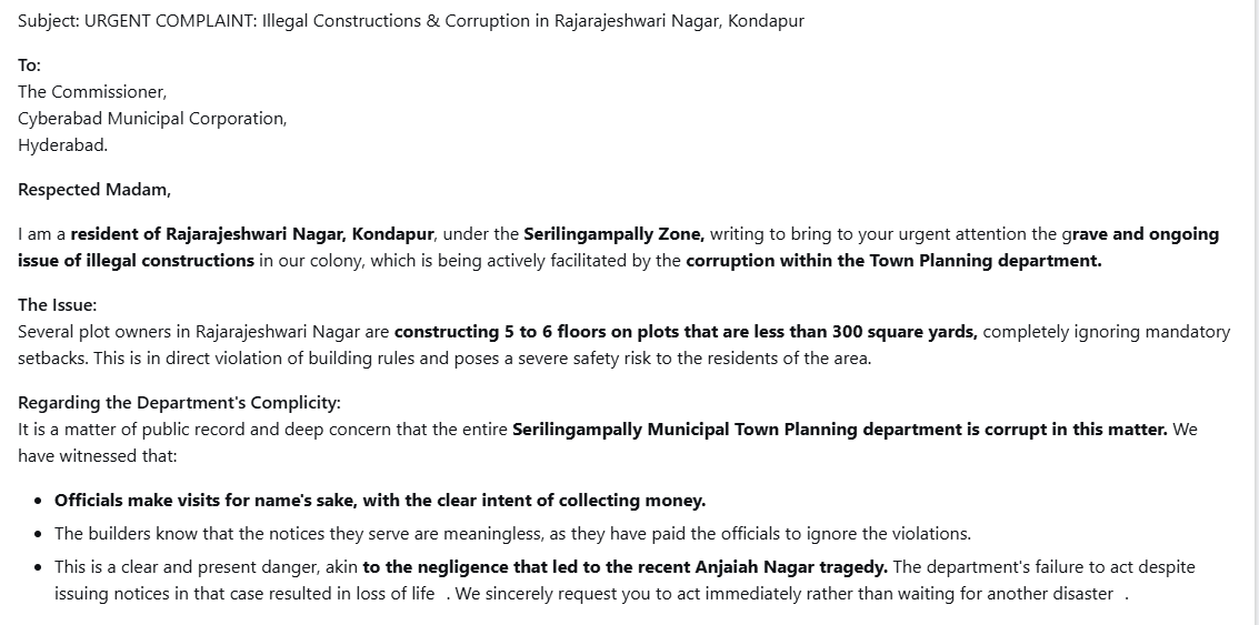 RedFlagofHyd's tweet photo. @GummallaSrijana @suridu Ma'am, Is there any action taken on this email Ma'am? Did anyone from your office care to see this email? https://t.co/H8TYIjtHSm
