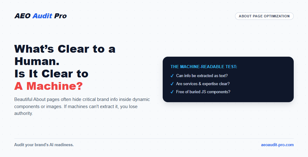 aeoauditpro's tweet photo. Quick check for your website: Can AI systems easily understand your About page?

A beautifully designed page can still be difficult for machines to interpret if important information is buried inside complex components, dynamically rendered elements, or images without meaningful text alternatives.

AI systems need clear, accessible signals to understand who your company is, what you do, and what you’re an authority on.

So take a look at your key landing pages:

Can the important information be easily accessed and extracted as text?

Can a machine clearly understand your services, expertise, and brand?

What’s clear to a human should be clear to a machine too.