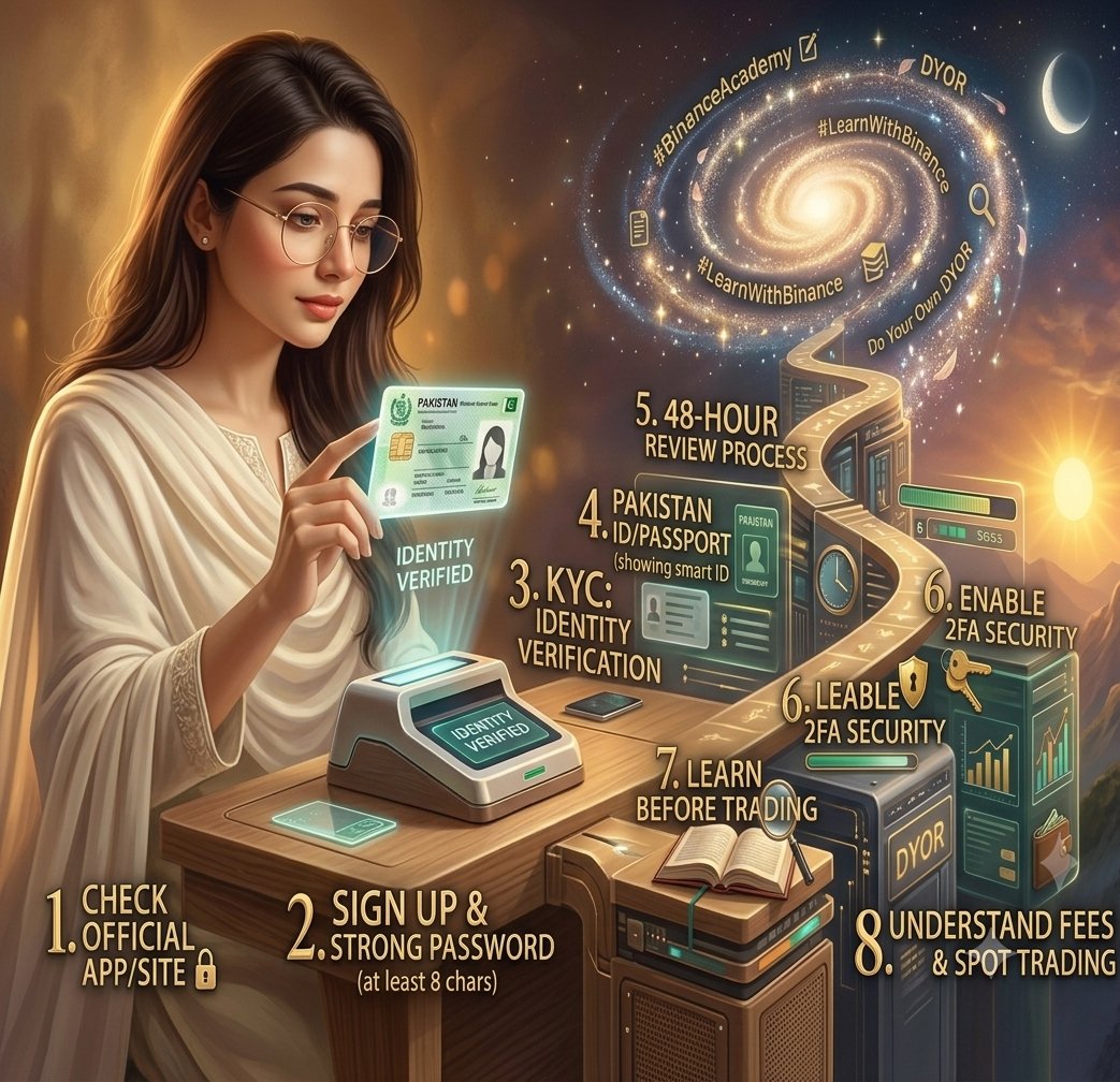 rubyishah_lodhi's tweet photo. HOW TO CREATE A BINANCE ACCOUNT - ACCOUNT SETUP & KYC EXPLAINED:

Some People thought it would be:

Download app → Sign up → Done. 

Then they saw words like KYC, identity verification, liveness check, 2FA…

And realized:

Creating an account is easy. But to Understand how to set it up properly is the difficult part.

So if you're completely new to crypto, here's the simple version..

1️⃣ START WITH THE OFFICIAL BINANCE PLATFORM:

Before entering ANY information, make sure you're using the official Binance website or app. @binance

Don't trust:
❌ Random links in comments
❌ “Binance Support” DMs
❌ Suspicious Telegram messages
❌ Websites that look almost identical

Your account starts with one simple habit:

Check where you're signing in.

2️⃣ CREATE YOUR BINANCE ACCOUNT:

Open the Binance app/website and select Sign Up.

Depending on what's available in your region, you may be able to register using methods such as:

📧 Email
📱 Phone
🍎 Apple
🔵 Google
…and other supported options.

You'll typically receive a 6-digit verification code.

Then create a strong password.

Binance's current registration guidance says the password should contain at least 8 characters, including an uppercase letter and a number.

I know it is a simple Steps.b

But we're not finished yet.

3️⃣ WHAT EXACTLY IS KYC?

This is where many beginners get confused.

KYC = Know Your Customer.

Think about opening a bank account.

The bank wants to know:

 “Who are you?”

Crypto platforms may also need to verify your identity.

On Binance, new users are required to complete the Verified identity verification level to access Binance products and services including deposits and trading.

So KYC isn't just another random form.

It's part of the account verification process.

4️⃣ WHAT HAPPENS DURING IDENTITY VERIFICATION?

Depending on your country and verification flow, Binance may ask you to provide:

🌍 Country of residence
🪪 Document issuing country
📄 Identity document
🤳 Liveness check
📝 Personal information

You may be able to use a passport, ID card, or driver's license, depending on what's supported in your country.

For Pakistan, Binance currently lists:

National ID Card (English Smartcard ID), Passport, or Driver's License as available document types.

5️⃣ DON'T RUSH YOUR ;KYC:

This is one of the biggest beginner mistakes.

Before submitting:

✅ Make sure your information matches your document
✅ Take clear document photos
✅ Make sure the document is readable
✅ Follow the liveness-check instructions
✅ Use proper lighting
✅ Make sure your face is clearly visible

Binance specifically advises users during liveness verification not to use hats, glasses, or filters and to ensure sufficient lighting. 

And don't randomly refresh or interrupt the process.

6️⃣ HOW LONG DOES VERIFICATION TAKE?

Don't panic if you don't get an instant result.

Binance says submitted identity documents are usually reviewed within 48 hours, although some cases can take longer. 

So:

Submitted ≠ rejected.

Sometimes you simply need to wait for the review.

7️⃣ NOW SECURE THE ACCOUNT:

Here's something beginners sometimes forget:

KYC doesn't replace account security.

After creating your account, look at your security settings and consider enabling 2FA (Two-Factor Authentication).

Think of it like this:

Password = your first lock 🔑

2FA = another layer of protection 🛡️

Binance recommends enabling at least one 2FA method to help protect your account. 

And NEVER share your:

❌ Password
❌ Verification codes
❌ 2FA codes
❌ Sensitive account information

In Simple Steps: 
CREATE → VERIFY → SECURE → LEARN → UNDERSTAND → DECIDE

Learn first. Move carefully. DYOR.

And remember, product availability and verification requirements can vary by region.

Use official Binance resources for the latest instructions.

Educational content only not financial advice or an investment recommendation.

#Binance #BinanceAcademy #LearnWithBinance

https://t.co/MEGO1zIoyh