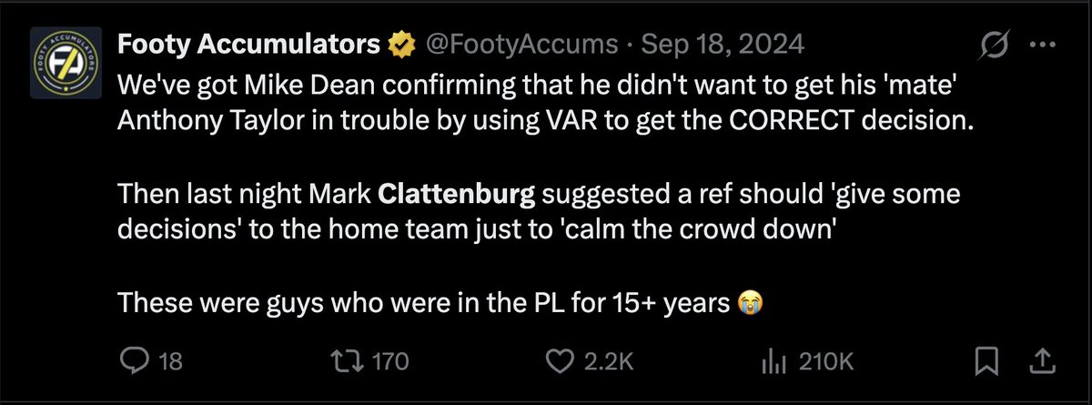 FootyAccums's tweet photo. Mike Dean spent over two decades in the PGMOL.
Mark Clattenburg spent 13 years in the PGMOL.

Since retiring, both have taken to numerous podcasts/media to almost brag about what they did during their careers.

The fact they feel comfortable talking like this, imagine what they're not willing to talk about from their time in PGMOL.

Here are just four examples from the last few years.