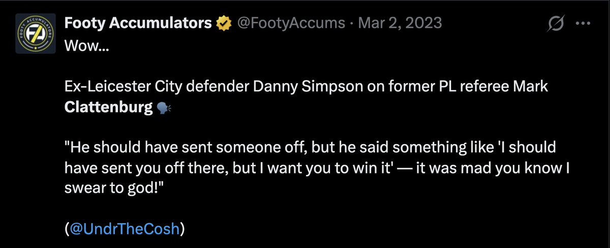 FootyAccums's tweet photo. Mike Dean spent over two decades in the PGMOL.
Mark Clattenburg spent 13 years in the PGMOL.

Since retiring, both have taken to numerous podcasts/media to almost brag about what they did during their careers.

The fact they feel comfortable talking like this, imagine what they're not willing to talk about from their time in PGMOL.

Here are just four examples from the last few years.