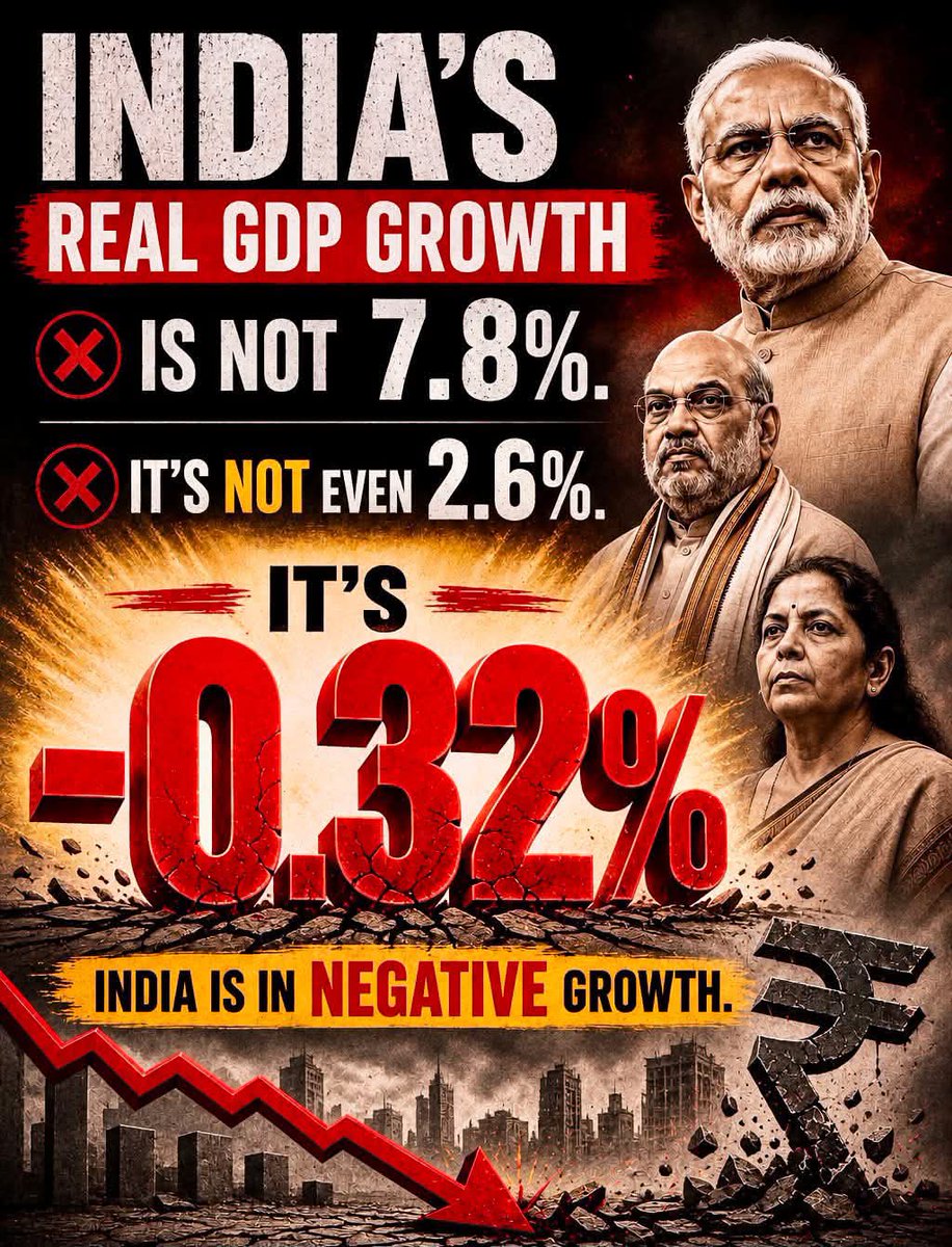 Kumarjyoti49291's tweet photo. If the GDP figures calculated using the new formula are converted into dollars, the result is as follows:
First Quarter, 2025–26
GDP — ₹80 lakh crore 
Average dollar exchange rate, April–June 2025 — ₹85.60 
GDP — $935 billion Or $0.935 trillion
First Quarter, 2026–27
GDP — ₹88.27 lakh crore Average US dollar exchange rate, 
April–June 2026 — ₹94.71 GDP — $932 billion Or $0.932 trillion
In other words, the GDP growth rate achieved by the country in this financial year is −0.32%.