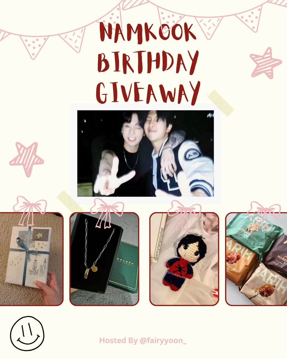fairyyoon_'s tweet photo. ⊹₊˚‧₊୨ Namkook GA୧₊‧˚₊⊹ 

1 winner
Open ww🌎

To participate 
Reply your fav book genres &amp; your fav namkook moment
 
Prize:
Arih noodles (veg) , Jungkook golden exhibition ring , blind book date, spidy koo crochet made by @.ayeyobts &amp; cute stuffs˚˖𓍢ִ໋🦢˚

End date TBA https://t.co/WHMg2uL7yg