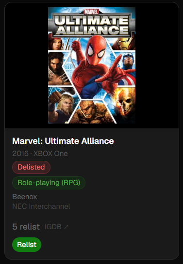 Flaassing's tweet photo. I'm making small adjustments on the fly to XBOX One/XBOX Series games on https://t.co/DGhqiBFY9N

Previously Transformers: Fall of Cybertron was eligible to be voted for disc to digital, but since the game only received a digital release on XBOX One, it didn't make any sense. I've adjusted the flow to voting for digital relisting instead. The same applies to the XBOX One versions of Marvel: Ultimate Alliance games.

You'll also notice games like The Amazing Spider-Man 2 now eligible for voting for both digital relisting, alongside disc to digital.

Please keep pointing out other inconsistencies and I'll get them addressed in time.