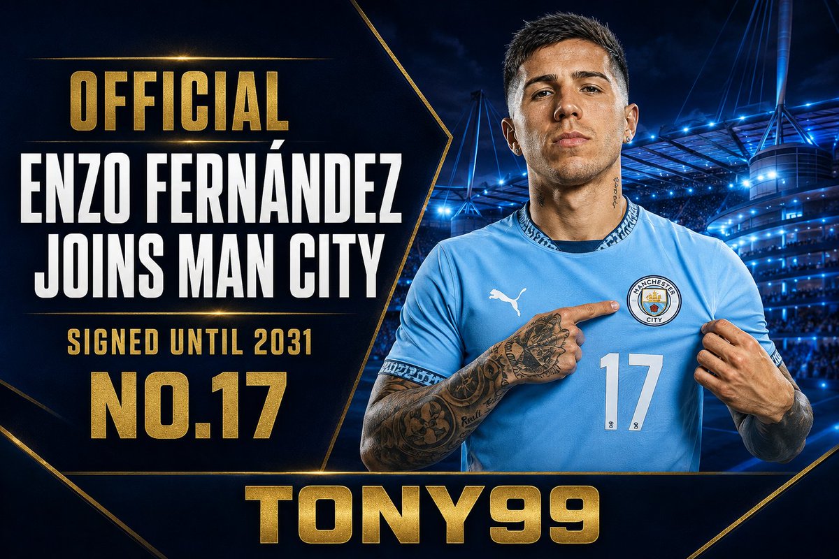 ty99official's tweet photo. 🚨 OFFICIAL: ENZO FERNÁNDEZ JOINS MANCHESTER CITY!
Manchester City have completed the signing of Enzo Fernández from Chelsea on a five-year contract until 2031. The Argentine midfielder will wear the No.17 shirt at the Etihad Stadium. 🔵
#EnzoFernandez #ManchesterCity #TONY99 https://t.co/OR6lYWhx5p