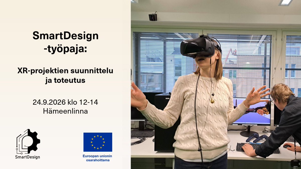 CorelabLive's tweet photo. Esittelemme Hämeenlinnassa 24.9.2026 klo 12–14 mihin kaikkeen XR-teknologiat taipuvat suunnittelutyössä ja mitä osaamista yrityksesi tarvitsee onnistuakseen.
🔗 Tule mukaan #SmartDesign-työpajaan: https://t.co/jbRlom2LBm
@pirkanmaan_liit @hameenliitto #EUosarahoittama https://t.co/CK4Pu7F1KL