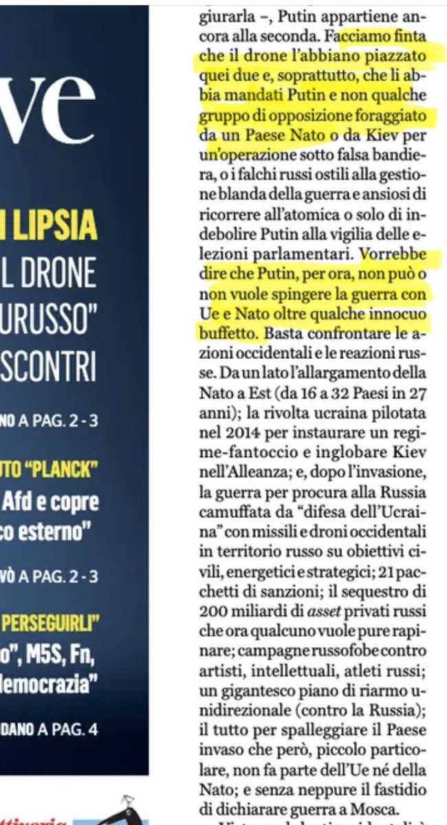 marsetac's tweet photo. Dopo l’editoriale di oggi, è chiaro che chi continua a leggere il Fatto Quotidiano ha problemi che necessitano di essere indagati a fondo.

Scrive @marcotravaglio che Putin è tra coloro che stanno cercando di evitare la terza guerra mondiale. Perché notoriamente invadere paesi sovrani, torturare civili e militari, disseminare le aree occupate di fosse comuni, rapire migliaia di bambini, cancellare intere città, arrestare o ammazzare chiunque anche in patria si opponga alla guerra sono tutti chiari segnali di uno slancio pacifista.

E il drone in Germania? Dopo la figuraccia inanellata ieri con l’altro editoriale in cui derideva Merz per aver accusato la Russia proprio mentre il cancelliere tedesco presentava le prove che i due che avevano piazzato il mezzo esplosivo erano russi, oggi ipotizza un po’ di tutto, cioè che comunque potessero essere pagati dalla NATO per giustificare l’escalation oppure mandati dai falchi russi che si oppongono a Putin (il pacifista) per arrivare allo scontro nucleare.

Poverino, il dittatore innocente, troppe ne ha dovute sopportare: dopo il golpe di Maidan (l’unico colpo di stato nella storia conclusosi con libere elezioni, ma vabbè), col conseguente governo fantoccio (eletto dal popolo, ma pure questo a quanto pare non importa) e il cruento allargamento della NATO avvenuto, pensate, per decisione libera degli Stati (assurdo, vero?), se pure alla fine fosse stato Putin a piazzare il drone a Lipsia, sarebbe la prova che non vuole alzare il tiro, ma solo giocare.

E quando poi pensi di aver letto abbastanza, lo sguardo ti cade a centro pagina, dove trovi tutti i leader europei con l’elmetto pronti a fare la guerra alla Russia “senza prove”, per poter spendere tutto in armi. Meloni, Merz, Macron e la Kallas, quindi si attrezzino: prima di sparare un sol colpo si trovino anche loro una massaggiatrice uruguaiana pronta a confermare che Putin ha invaso l’Ucraina, altrimenti non se ne fa nulla.