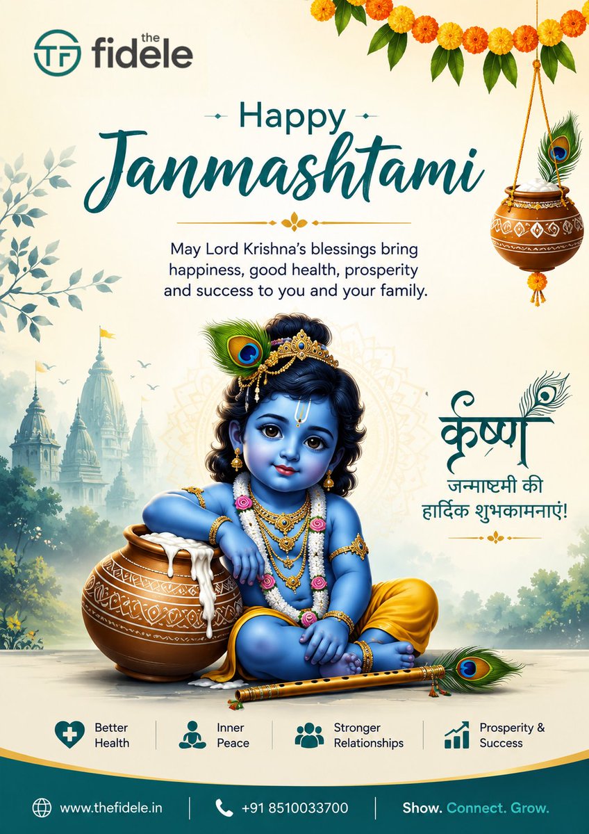 FideleDigital's tweet photo. 🦚💙 Happy Janmashtami!

May Lord Krishna's blessings bring peace, happiness, good health, prosperity &amp; success to you and your family. 

🌸 Wishing everyone a blessed Janmashtami!

#HappyJanmashtami #Janmashtami #KrishnaJanmashtami #LordKrishna #GoodHealth #Prosperity #TheFidele https://t.co/zUas8KrGgf