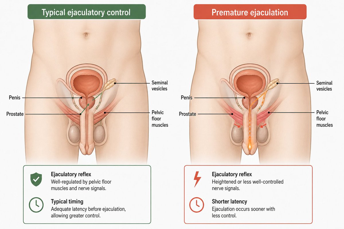 healthprefectt's tweet photo. WHAT IS PREMATURE EJACULATION?

Many men suffer from premature ejaculation, a condition that makes them release sperm within 1-2 minutes.

This can be embarrassing, but it's very common and can be treated.

Here is what causes premature ejaculation and how to stop being a “one minute man” 👇