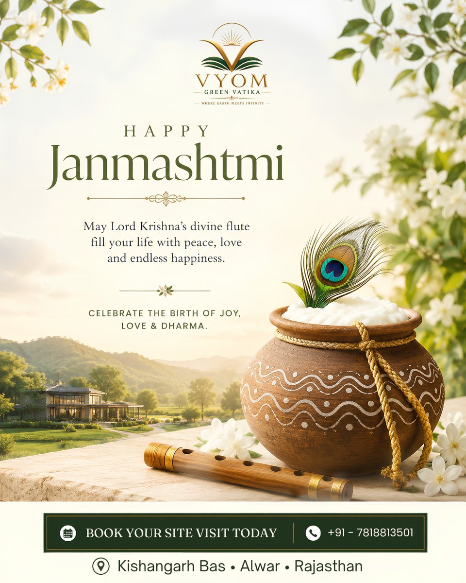 VyomRegency's tweet photo. 🦚 May Lord Krishna fill your life with peace, love &amp; happiness. 🪈✨

Wishing you and your family a blessed Happy Janmashtami! 🙏💙

🌿 Vyom Green Vatika
📍 Kishangarh Bas, Alwar, Rajasthan
#Janmashtami #HappyJanmashtami #VyomGreenVatika #Krishna #NatureLiving https://t.co/qN8iJOck3Z