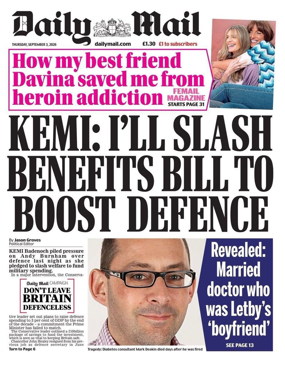 JAHeale's tweet photo. Tory source messages: “On the opening day of Reform’s conference, Kemi Badenoch has the splash on the Mail and Telegraph, in the week Reform slipped behind the Tories in the polls for the first time in a year.” https://t.co/63mZHkXfEY