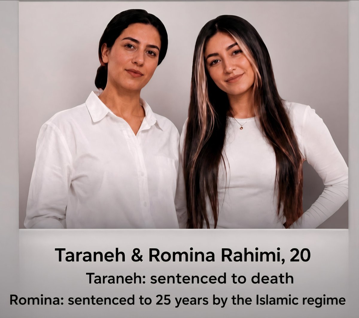 Majidx___'s tweet photo. Taraneh and Romina Rahimi are 20-year-old twin sisters from Iran. The Islamic regime arrested them during the January uprising.

They tortured Romina to force a confession from Taraneh. They beat Taraneh’s already broken knee. They threatened to r@pe her sister if she refused to sign. When their mother finally saw them, she barely recognised their faces.

Taraneh has been sentenced to death.
Romina has been sentenced to 25 years.

Be their voice.
#TaranehRahimi #RominaRahimi #IranMassacre #JavidShah