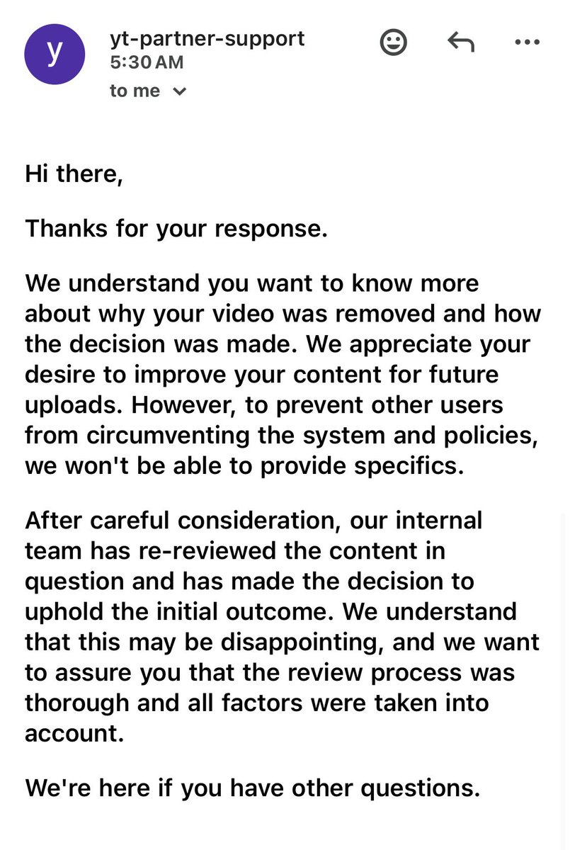 WOTSChannel's tweet photo. @TeamYouTube I do not accept a generic statement that “specifics cannot be provided to prevent circumvention” as a sufficient answer when I am the channel owner asking about my own video. @YouTube @YouTubeCreators @UpdatesFromYT https://t.co/SnW0hbgyzI