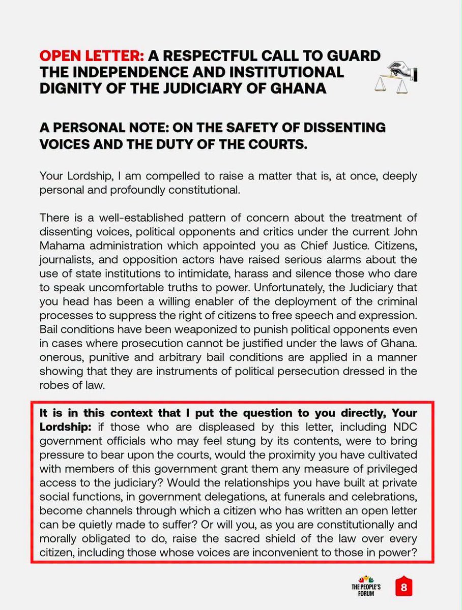 DennisMiracles's tweet photo. FORGET SHAME, THE REAL ISSUE IS THE THREAT TO OUR JUSTICE SYSTEM AND IT’S FRIGHTENING 

On June 18, 2026, The People’s Forum wrote a letter to the Chief Justice of the Republic of Ghana. Raising concerns about his public conduct and the romance between him and the executive and the threats it brings to all citizens. 

Since then, it’s gotten worst and the situation continues to deteriorate, never in our country’s history, not even under military regimes, have we ever experienced such blatant disregard for the sanctity, dignity and integrity of our judiciary. 

We raised this about 3 months ago, we saw this long before others started seeing and now, everyone is at risk. 

A critical paragraph in our letter reads

 “It is in this context that I put the question to you directly, Your Lordship: if those who are displeased by this letter, including NDC government officials who may feel stung by its contents, were to bring pressure to bear upon the courts, would the proximity you have cultivated with members of this government grant them any measure of privileged access to the judiciary? Would the relationships you have built at private social functions, in government delegations, at funerals and celebrations, become channels through which a citizen who has written an open letter can be quietly made to suffer? Or will you, as you are constitutionally and morally obligated to do, raise the sacred shield of the law over every citizen, including those whose voices are inconvenient to those in power?”

If you are a citizen, be it NDC, NPP or apolitical, and you are not worried with a chief Justice that public says, he has to do “everything” for the head of the executive, then all I will say is, Let’s give time some time.