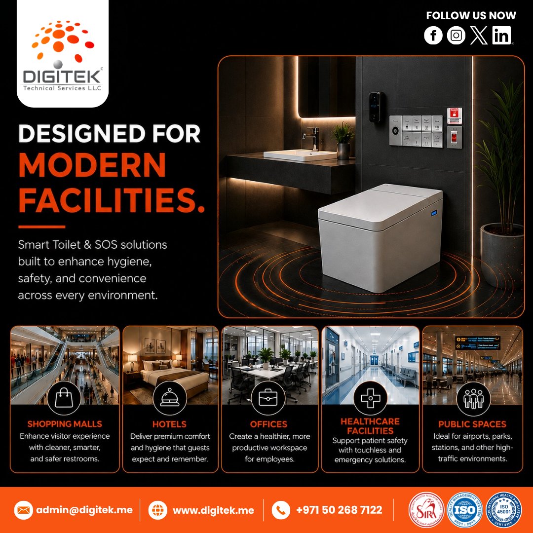 8a3cde884d6d461's tweet photo. Smart Toilet & SOS solutions for safer, cleaner, and smarter modern facilities.
Upgrade your facility today — Contact Digitek Technical Services.
#SmartToilet #SmartRestroom #TouchlessTechnology #SOSSolution #FacilityTech #DigitekTechnicalServices https://t.co/2fnFtQ4jJc