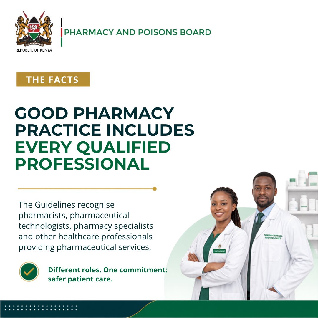 ppbkenya's tweet photo. Good Pharmacy Practice is about one thing: protecting patients. The Guidelines promote safe dispensing, proper medicine storage, professional accountability and quality pharmaceutical care.
#KnowPPB #GoodPharmacyPractice #PatientSafety #SafeMedicines https://t.co/NkvHm0DeVw