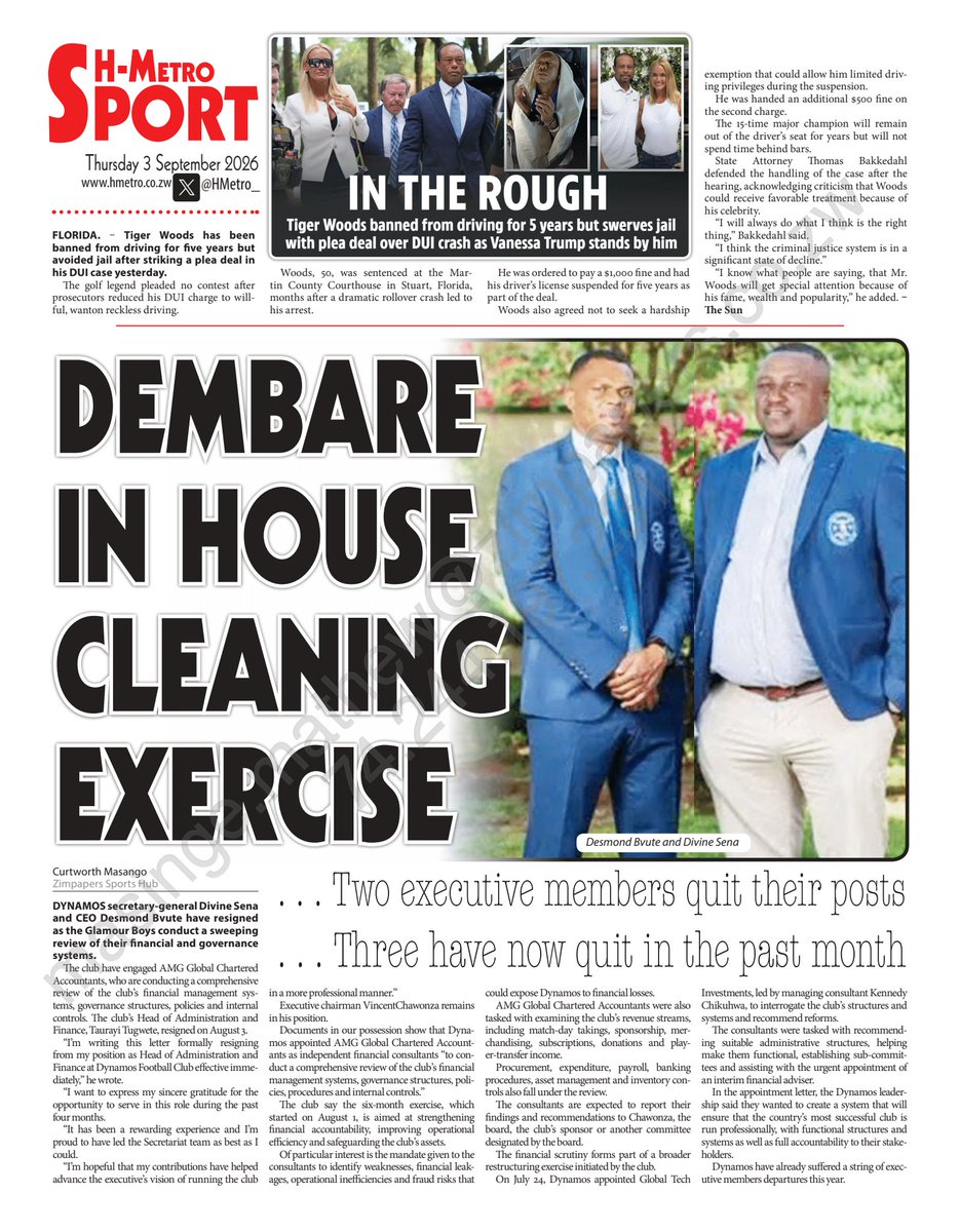 HMetro_'s tweet photo. #BACKPAGE 

DYNAMOS secretary-general Divine Sena and CEO Desmond Bvute have resigned as the Glamour Boys conduct a sweeping review of their financial and governance systems.

https://t.co/uEqs84m5eX https://t.co/RIvlmLRvYO