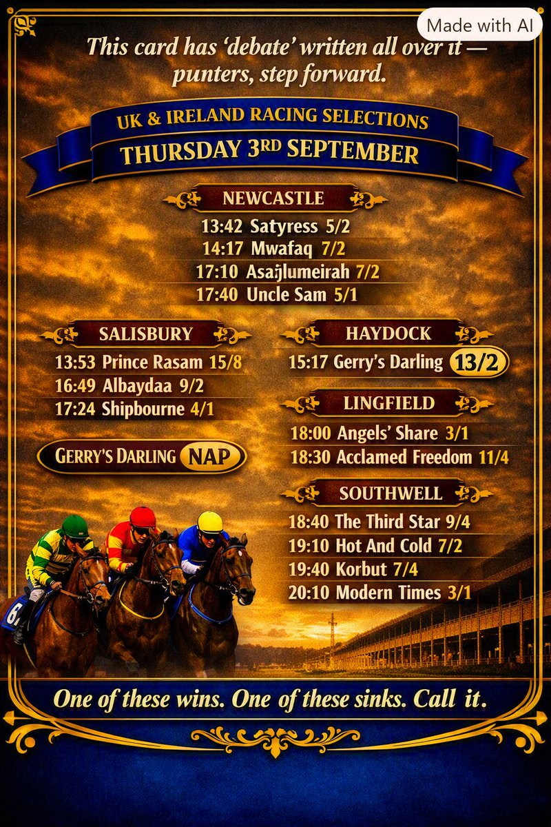 UkHorseRacingIn's tweet photo. 🔥Thursday 3rd September – UK & Ireland Selections🔥
This card has ‘debate’ written all over it — punters, step forward.

Newcastle   
13:42 – Satyress 5/2
14:17 – Mwafaq 7/2
17:10 – Asadjumeirah 7/2 
17:40 – Uncle Sam 5/1

Salisbury   
13:53 – Prince Rasam 15/8
16:49 – Albaydaa 9/2
17:24 – Shipbourne 4/1

Haydock   
15:17 – Gerry’s Darling 13/2

Lingfield   
18:00 – Angels’ Share 3/1
18:30 – Acclaimed Freedom 11/4

Southwell   
18:40 – The Third Star 9/4
19:10 – Hot And Cold 7/2
19:40 – Korbut 7/4
20:10 – Modern Times 3/1

🏇 Nap & NB
Nap: Gerry’s Darling (15:17 Haydock) NB: Albaydaa (16:49 Salisbury)

One of these wins. One of these sinks. Call it.   #HorseRacing #UKRacing #RacingTwitter #RacingTips #Punters