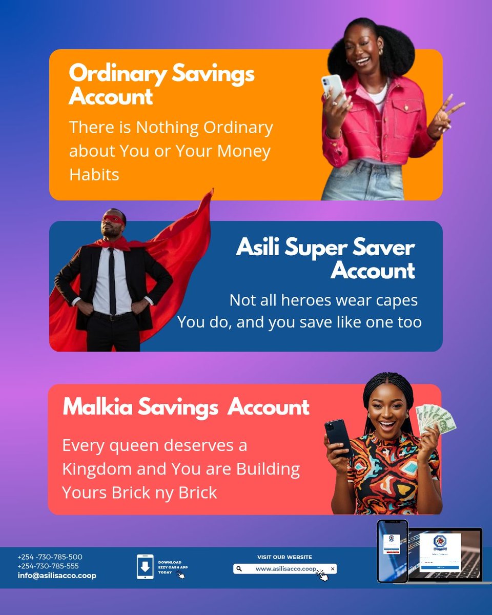 AsiliSacco's tweet photo. What does your account say about you?
Whether the goal is saving up for a vacation, a new car or even that milestones we've got an account for you. Visit https://t.co/2mamsUt2IS or call marketing on 0115152518 or customer care on 0730785500.
#asili #savings #goals https://t.co/ioKxsm7mXd