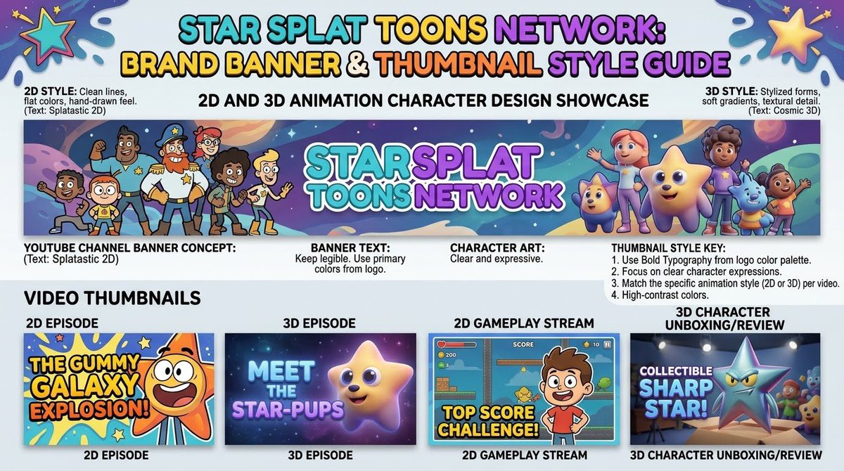 StarSplatToons's tweet photo. Create a YouTube banner concept and thumbnail style guide all characters in 2d animation and 3d animation for StarSplatToons Network. https://t.co/Ynbk5XNV8g