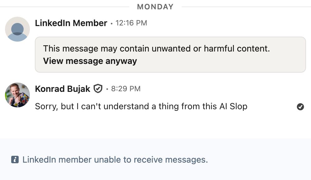 kbuj4k's tweet photo. respectable people (this guy run Entrepreneurs Club and works in PE/VC) started to send me messages on linkedin. They send me unreadable AI slop garbage, then block me when I say I don't understand https://t.co/jRXdN34b7O