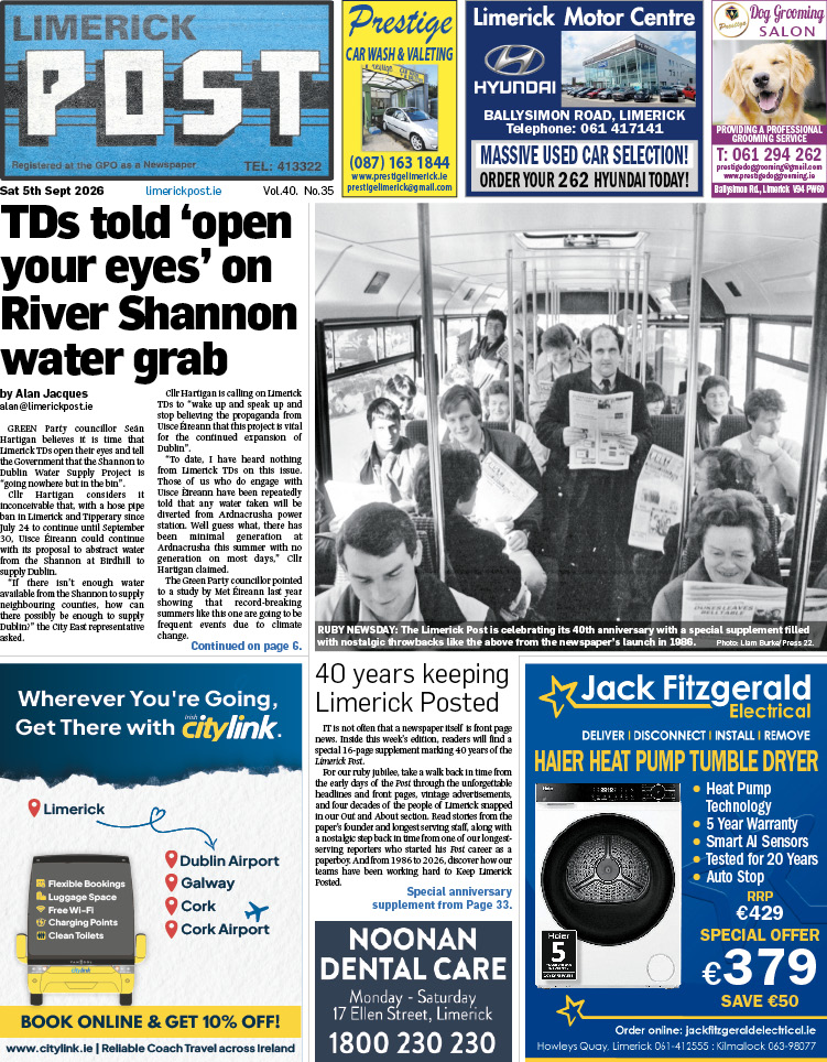 limerickpost's tweet photo. 🗞️ 🗞️ This week’s Limerick Post is out countywide now

Find inside: 
- HSE confirmed ‘distressing’ video not recorded at UHL
- Ryder Cup ‘Year to Go’ concert confirmed
- A special 16-page supplement celebrating 40 years of the Limerick Post

📷 Liam Burke https://t.co/neBFIbY1bI