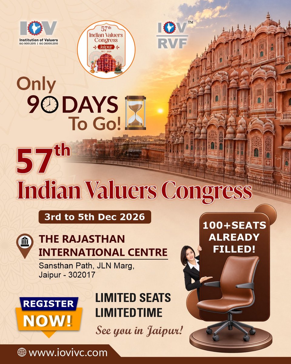 iovivc's tweet photo. 📣 The countdown to one of the biggest gatherings of valuation professionals has begun!
The 57th Indian Valuers Congress is where professionals come together to learn, connect, share experiences, and grow.
🎟️Register now https://t.co/YbHzThwnRd
#IVC2026 #Valuers #jaipur https://t.co/PVEfW2Kbu5
