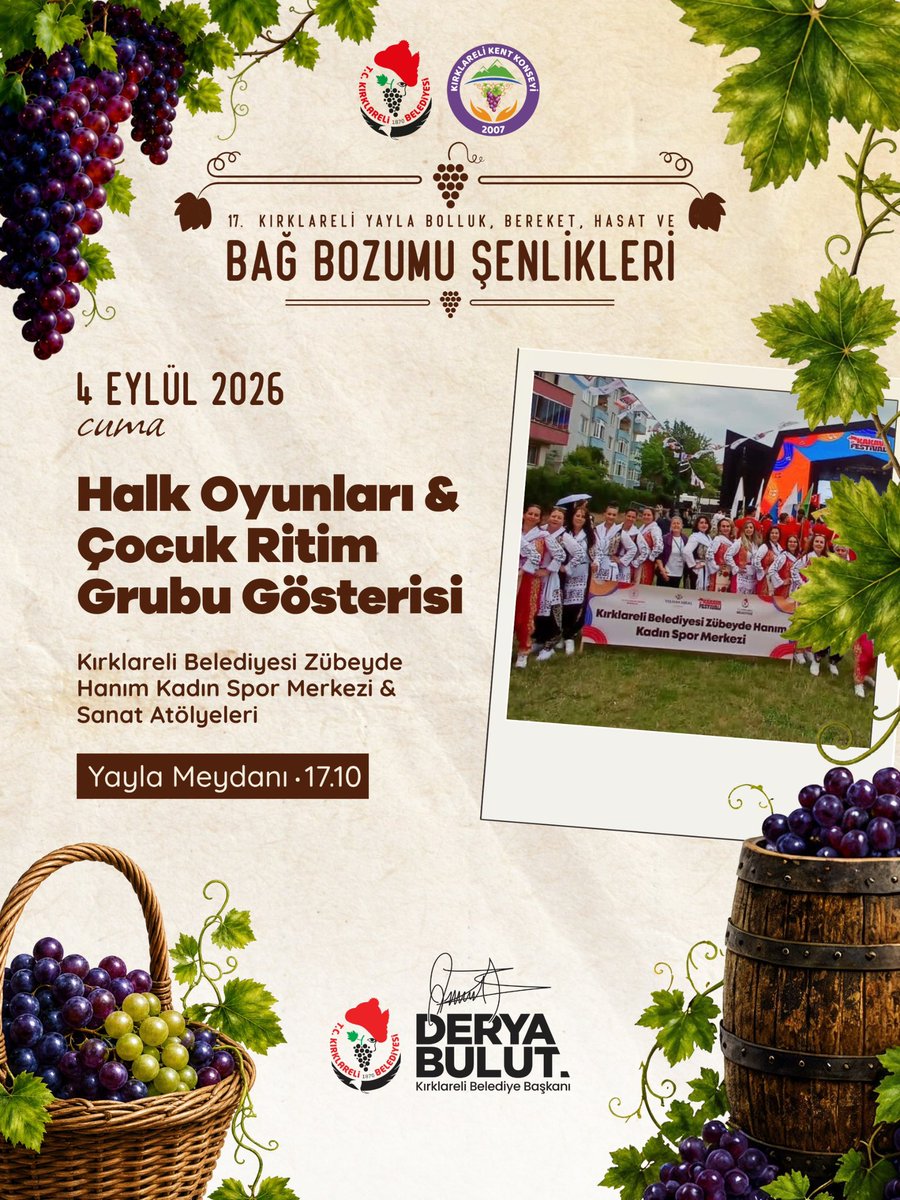 derya39bulut's tweet photo. “17. KIRKLARELİ YAYLA BOLLUK, BEREKET, HASAT ve BAĞ BOZUMU ŞENLİKLERİ”MİZ YARIN BAŞLIYOR!

Değerli Hemşehrilerim, 

Belediyemiz ve Kırklareli Kent Konseyimiz iş birliği ile derin köklerimizden beslenen ve bu yıl 17. sini düzenlediğimiz “Kırklareli Yayla Bolluk, Bereket, Hasat ve Bağ Bozumu Şenliği”miz yarın başlıyor.

4-5-6 Eylül tarihlerinde üç gün boyunca, halk oyunlarından sanat atölyelerine, ritim grubu gösterilerinden sergilere; tadımlardan şiir ve müzik dinletilere, konserlerden yemek ve çocuk atölyelerine kadar dopdolu bir program sizleri bekliyor. Bisiklet turumuzla da şehrimizin güzelliklerini birlikte keşfedecek, değerli söyleşilerle kültürümüze ışık tutacağız. Ve elbette değerli sanatçımız Çelik’in muhteşem konseriyle coşkumuzu taçlandıracağız.

Bu güzel şenliğin siz sevgili hemşehrilerimizle buluşup anlam kazanmasına olan katkıları vesilesiyle; Kırklareli Kent Konseyi Başkanımız Sayın Abdullah Mutluer’e ve Kırklareli Kent Konseyimize, Kültür Müdürlüğümüze ve emeği geçen tüm mesai arkadaşlarıma gönülden teşekkür ediyor, hepinizi 4 Eylül’de başlayacak ve 3 gün sürecek olan 17. Kırklareli Yayla Bolluk, Bereket, Hasat ve Bağ Bozumu Şenliklerimize bekliyorum.