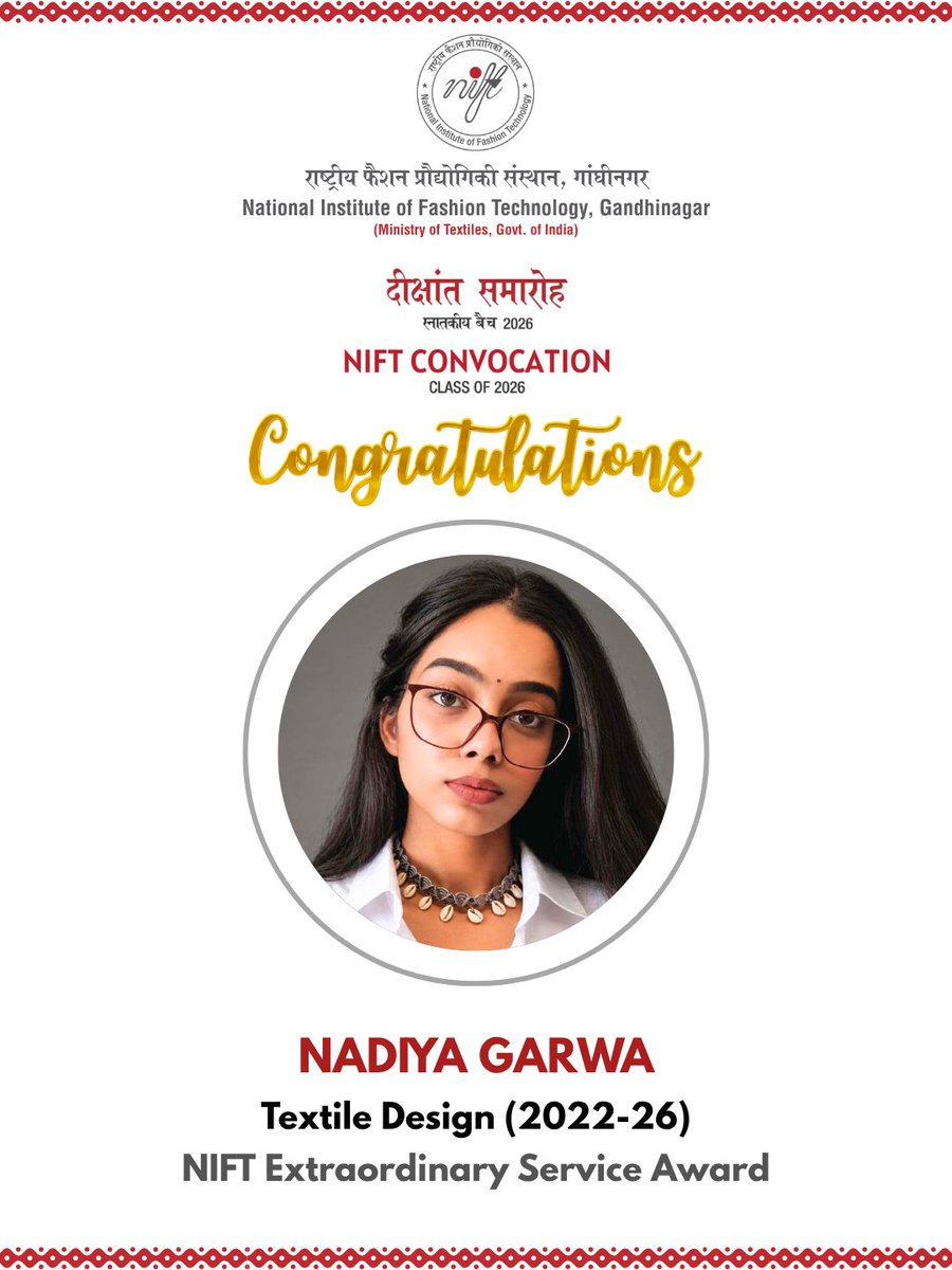 GandhinagarNift's tweet photo. 🏆 Celebrating Extraordinary Service at Convocation 2026! 🎓✨
A proud moment for NIFT Gandhinagar as Ms. Nadiya Garwa, from Textile Design, was honoured with the prestigious NIFT Extraordinary Service Award during Convocation 2026.

#NIFTConvocation2026 #NIFTGandhinagar https://t.co/OVr2q6nXj9