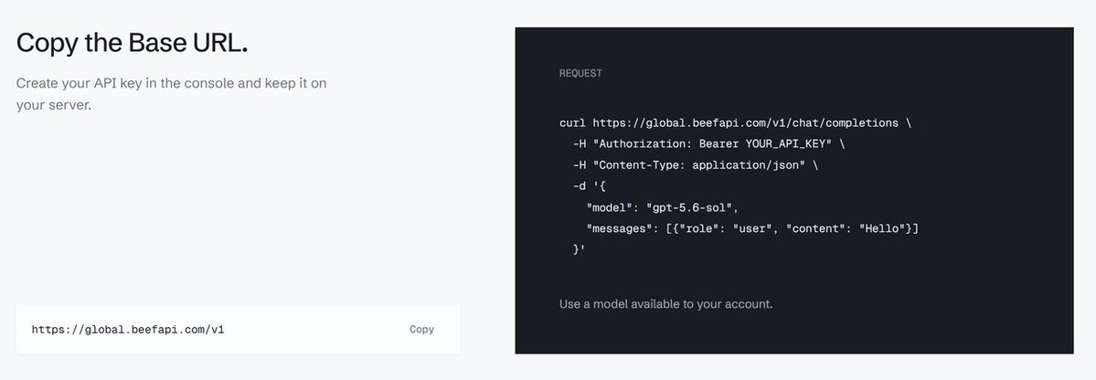 Beef_api's tweet photo. If you already speak OpenAI, you should not have to learn a new SDK.

📌OpenAI-compatible tools: https://t.co/GsPpgISSGM

📌Claude Code and other Anthropic-style tools: 
https://t.co/TCNC0sxs0A

Create a key, keep it on your server, send a call. Codex CLI is documented the same way.

The setup is supposed to feel slightly boring. That is the point.