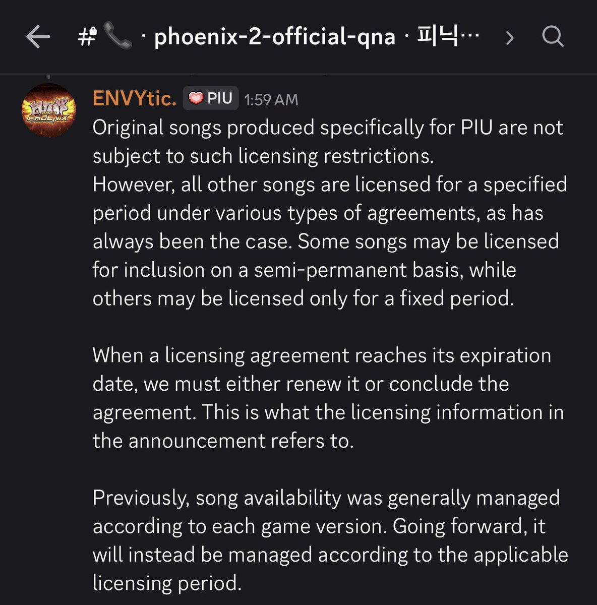 vkimroyal's tweet photo. From the official PIU Discord’s Q&amp;A channel.

On a more serious note: this kinda blows if they end up removing songs during a new mix’s lifespan. Part of the appeal for PIU is the ability to keep everything in each mix even when it goes offline post-service. https://t.co/DeUe0xN5yF