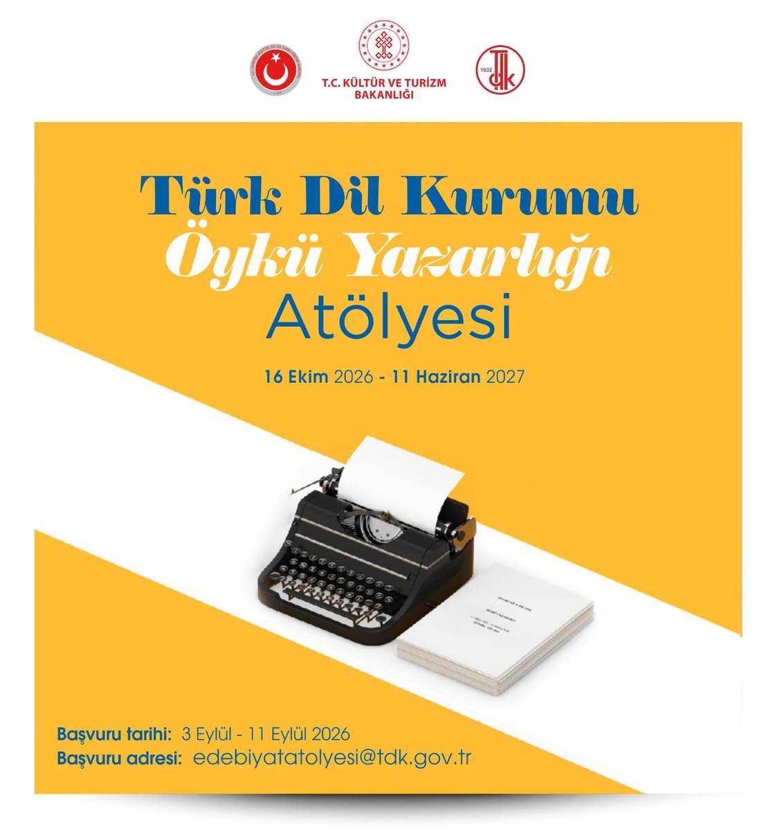 TDK_govtr's tweet photo. 📢Türk Dil Kurumu Öykü Yazarlığı Atölyesi başlıyor!

📌Katılım koşulları ve başvuru için👇

🔗 https://t.co/rjCsgK0QXy https://t.co/Nr7OPf4uAw