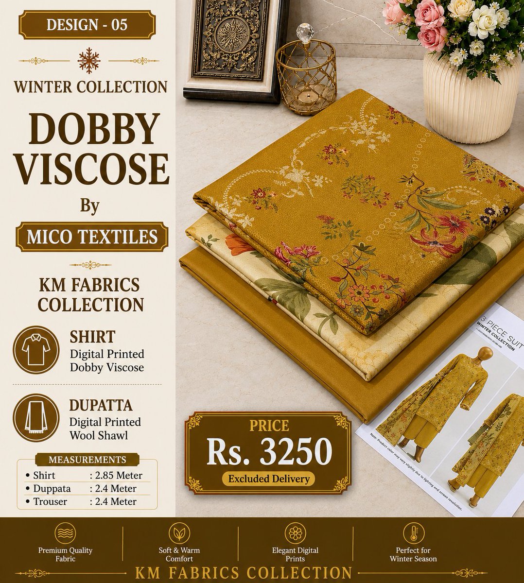 Kmfabrics1's tweet photo. *WINTER COLLECTION*

*DOBBY VISCOSE* 
          By
  
*MICO TEXTILES*
Shirt:Digital printed *Dobby* viscose
Duppata:Digital printed WOOL SHAWL
Trouser:Dyed *Viscose*
Measurements 

Shirt:*2.85* Meter
Duppata:*2.4 Meter*
Trouser:*2.4 Meter*

Price Rs:*3,250/-*
Excluded Delivery https://t.co/uHWQ8RDFqm
