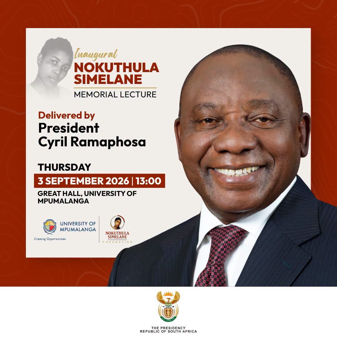 GCISMpumalanga's tweet photo. President Cyril Ramaphosa will today deliver the inaugural Nokuthula Simelane Memorial Lecture at the University of Mpumalanga in @CityofMbombela 
 
The Memorial Lecture honours the life and legacy of Nokuthula Simelane, while creating a national platform for dialogue on democracy, social justice, human rights, ethical leadership, gender equality and the unfinished business of South Africa’s democratic transition.

#RememberingNokuthulaSimelane