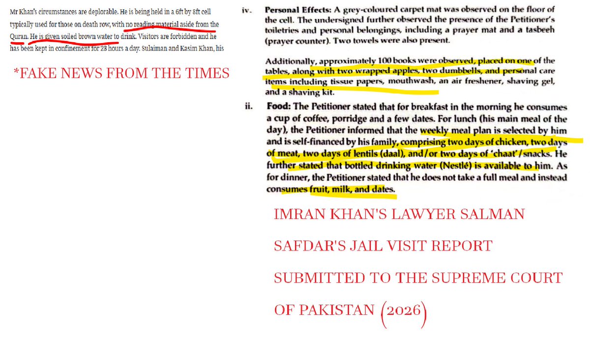 DanMir_musings's tweet photo. 🚨🚨🚨🚨🚨TIMES' EDITORIAL'S LIES FACT CHECKED: Even the first few lines of this editorial are bold-faced lies, let alone the entire propaganda of the rest of the piece.   
Just one example: Times claims Imran has no reading material other than the Quran and is given soiled brown water to drink. 
FACT CHECK: Imran's own lawyer Salman Safdar's official report to the Supreme Court of Pakistan confirms that: 
🔴Imran already has access to 100+ books
🔴Imran has bottled Nestle water available to him
