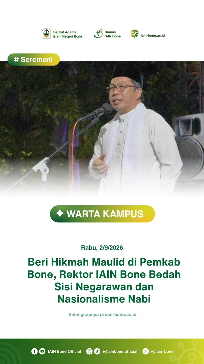 iain_bone's tweet photo. Beri Hikmah Maulid di Pemkab Bone, Rektor IAIN Bone Bedah Sisi Negarawan dan Nasionalisme Nabi

Selengkapnya:

https://t.co/D1brUSfKbw https://t.co/04aUfXDpjr