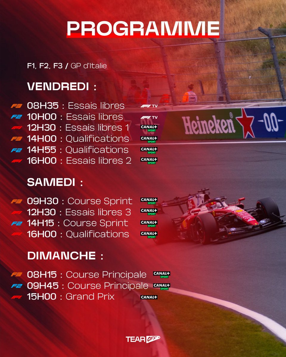 TearOffFR's tweet photo. 🗓️ LE PROGRAMME SPORT MÉCANIQUE DU WEEK-END EST LÀ ! ⬇️

La F1, la F2 et la F3 se rendent dans le temple de la vitesse pour le Grand Prix d’Italie ! 🇮🇹😍

📺 Un bon week-end en perspective à suivre sur les antennes de CANAL+. 

#F1 #ItalianGP #F2 #F3 https://t.co/vY8ddBdfI8