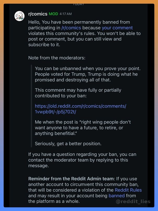 reddit_lies's tweet photo. Reddit mods are scum.

They banned him for effectively saying 'not all republicans are evil' https://t.co/JeB6sOjAkk