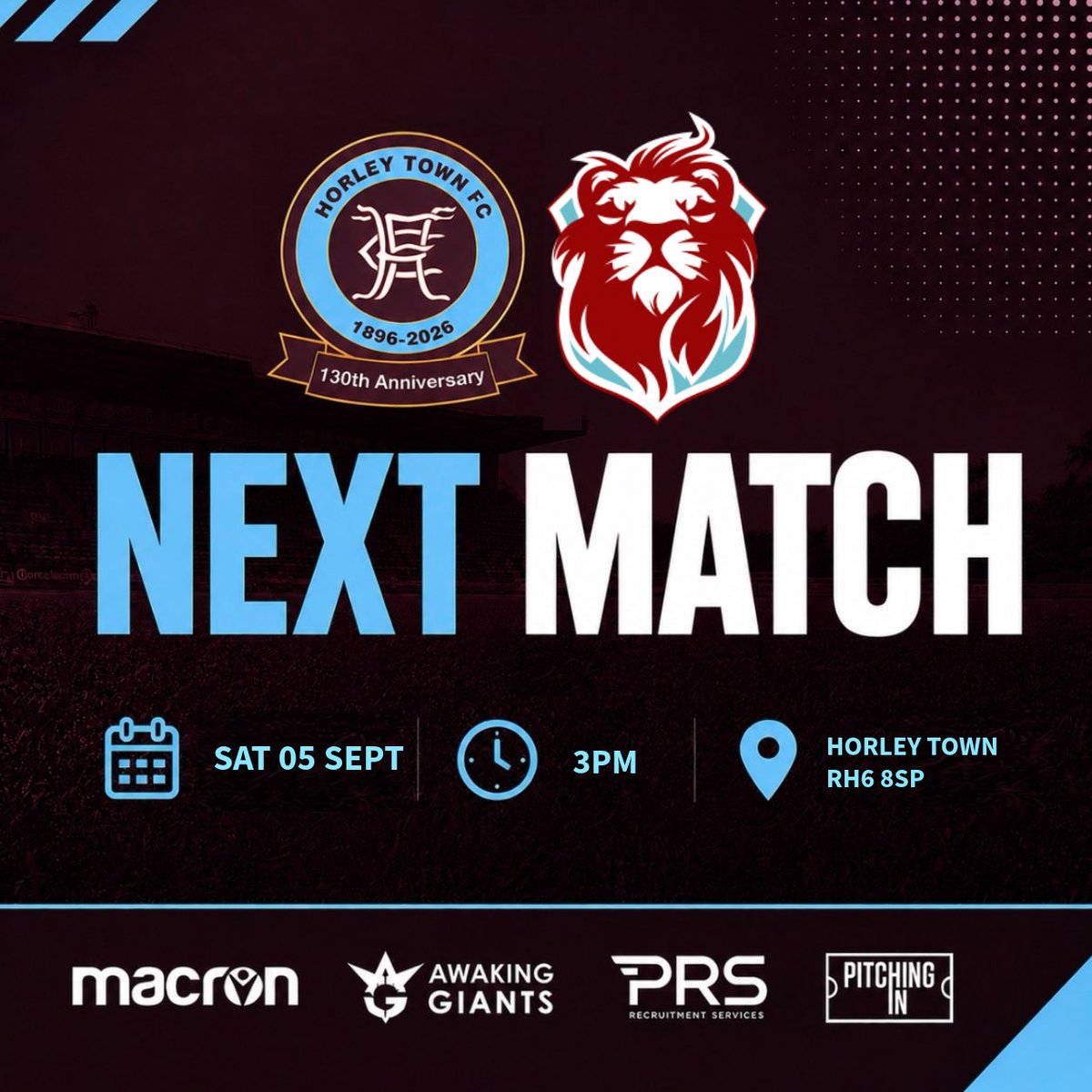 HorleyTownFC's tweet photo. 𝗨𝗣 𝗡𝗘𝗫𝗧 ⏭️

After 4 games on the road we return to The Awaking Giants New Defence on Saturday as we host early league leaders, @hastingsufc.  

Let’s fill the ground and back the boys!1 

Full match details are below ⤵️

🗓️ Sat 5 Sept 
📍 Awaking Giants New Defence, RH6 8SP
⏰ 3PM
🎟️ Adults £10 | Concessions £6 | U16 £1
📖 Printed Programmes Available 
🍔🍻 Hot Food & Licensed Bar 

#HTFC 💜🩵