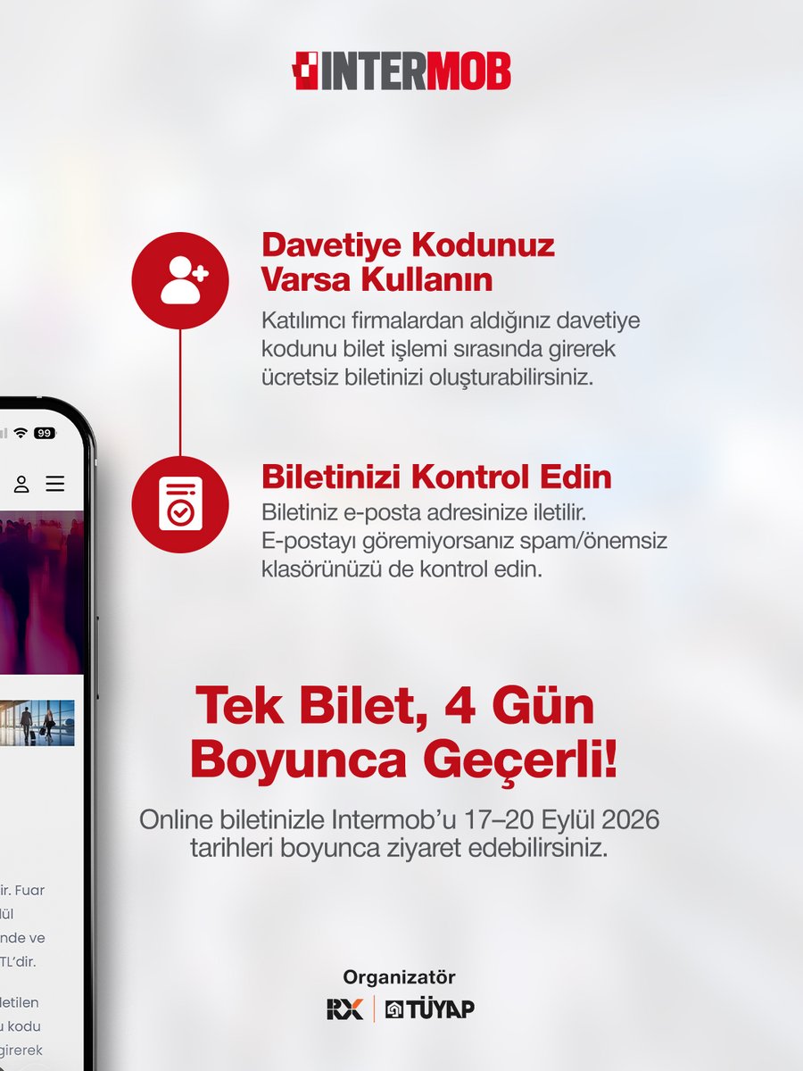 intermobist's tweet photo. İntermob 2026 ziyaretinizi şimdiden planlayın! 

Online biletinizi nasıl alacağınızı öğrenmek için inceleyin.

🔗 https://t.co/mWi9Fq6k4G

📅 17–20 Eylül 2026
 📍 Tüyap İstanbul
#Intermob #Intermob2026 #IntermobFuarı #MobilyaYanSanayi #MobilyaEkipmanları https://t.co/NQHYaB5yIg